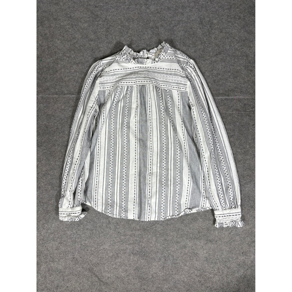 LOFT Womens Medium White Black Striped‎ Ruffle Neck Long Sleeve Blouse 576999